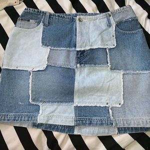 Studded, patchwork denim skirt